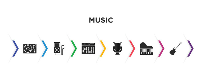 music filled icons with infographic template. glyph icons such as turntable, mp3, sound mixer, lyre, piano, guitar vector. © IconArt
