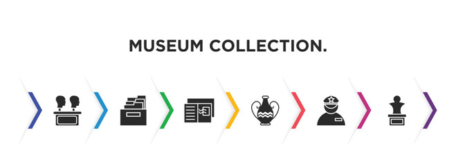 museum collection. filled icons with infographic template. glyph icons such as remains, archivist, postcards, ceramic, security guard, bust vector.