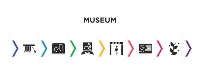 museum filled icons with infographic template. glyph icons such as newtons cradle, modern art, museum canvas, metal detector, panel, botanical vector.
