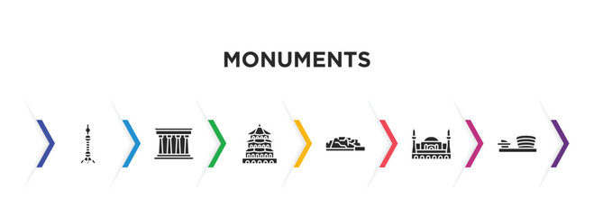 monuments filled icons with infographic template. glyph icons such as oriental peral tower, pompeii, summer palace, potala palace, hagia sophia, museum vector.