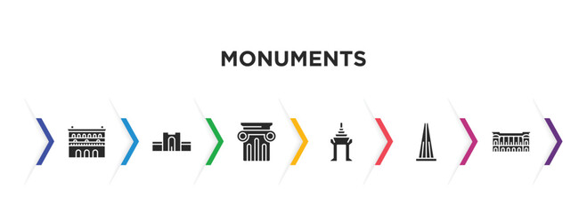 monuments filled icons with infographic template. glyph icons such as lonja of zaragoza, medieval walls in avila, greek column, cambodia, the, palais garnier vector.