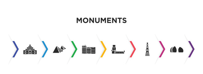 monuments filled icons with infographic template. glyph icons such as thatbyinnyu temple, egyptian, denmark, belem tower, qutb minar in new delhi, al shaheed monument vector.