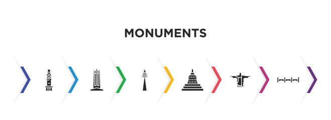 monuments filled icons with infographic template. glyph icons such as clock tower, circle, , borobudur, bridge of the west