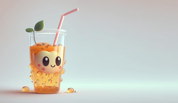 Cute orange drink 3d character. Cartoon apple bubble tea with big eyes. 3d render illustration. Generative AI art. 