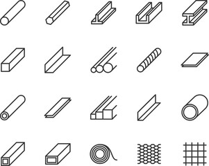 Vector set of steel and metal line icons. Contains icons steel corner, rod, sheet, strip, pipe, profile, beam, armature, rolled steel and more. Pixel perfect.