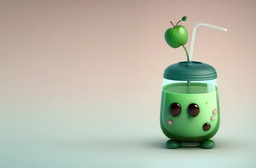 Cute apple drink 3d character. Cartoon green fruit smoothie with big eyes. 3d render illustration. Generative AI art.  Copy space for text.