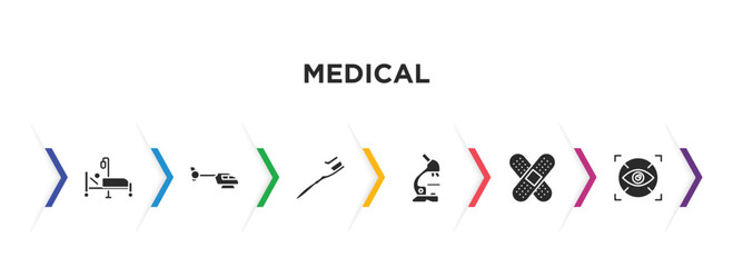 medical filled icons with infographic template. glyph icons such as illness on bed, heliport, brush with tooth paste, microscope tool, sticking plaster, eye scanner medical vector.