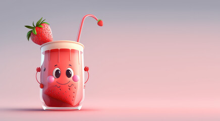Obraz na płótnie Canvas Cute smiling strawberry drink 3d character. Cartoon red fruit smoothie with big eyes. 3d render illustration. Generative AI art. 