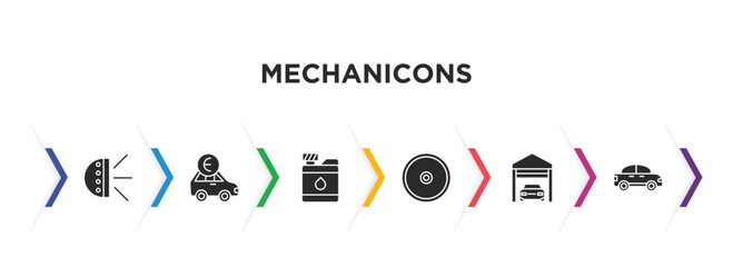 mechanicons filled icons with infographic template. glyph icons such as car light, car with euro, water tank for vehicles, cart wheel, car in a garage, small vector.
