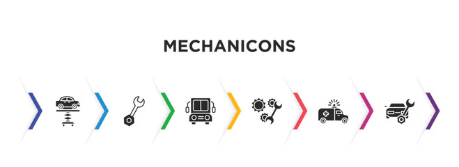 mechanicons filled icons with infographic template. glyph icons such as car lifter, repair wrenches, big bus front, repair mechanism, red cross car, car repairing vector.