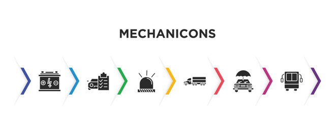 mechanicons filled icons with infographic template. glyph icons such as car battery, car repair check list, car beacon on, transportation truck, with an umbrella, bus front view vector.