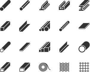 Vector set of steel and metal flat icons. Contains icons steel corner, rod, sheet, strip, pipe, profile, beam, armature, rolled steel and more. Pixel perfect.