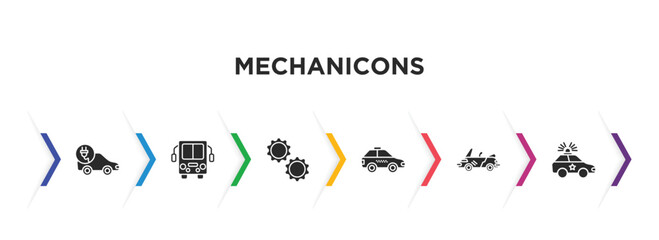 mechanicons filled icons with infographic template. glyph icons such as electric car and plug, bus front, two cogwheels, taxi facing left, convertible car, police car with lights vector.