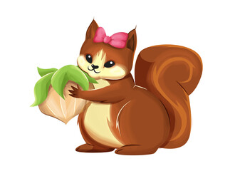 Cute baby squirrel. Charming forest dweller with nut in his paws. Nature, flora and fauna, wild life. Portrait of adorable character with food. Cartoon flat vector illustration