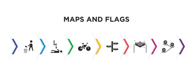 maps and flags filled icons with infographic template. glyph icons such as no littering, electrocution risk, bicycle, divarication, las vegas, locations vector.