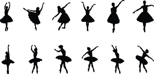 silhouettes of ballet dancers.Child ballerina vector silhouettes. - obrazy, fototapety, plakaty