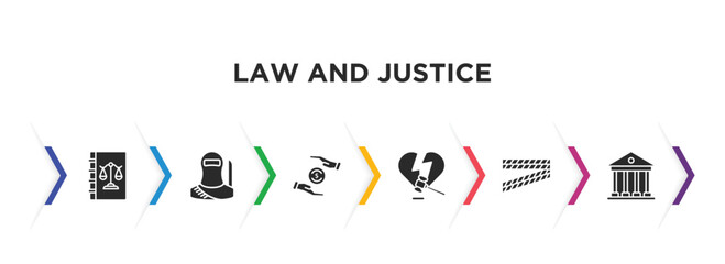 law and justice filled icons with infographic template. glyph icons such as law book, , property and finance, divorce, police line, court vector.