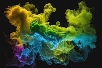 Obraz premium Neon multicolored smoke puff cloud design elements on a dark background. Ai generative.