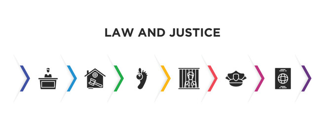law and justice filled icons with infographic template. glyph icons such as court trial, real estate law, corpse, guilty, police hat, immigration vector.