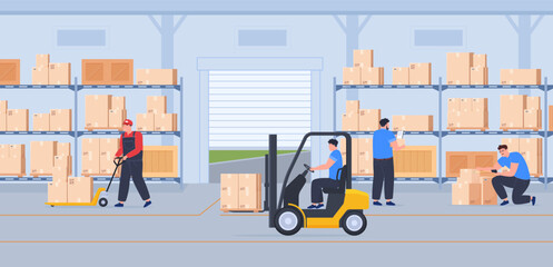 Warehouse workers carry parcel boxes. Delivery of parcels, transportation and storage of goods. Vector illustration