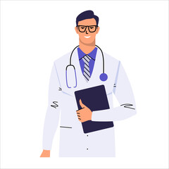 Fototapeta premium Doctor in glasses, a tie and a white coat. A doctor stands with a stethoscope and holds a clipboard. Smiling character. Flat style isolated on white. Vector.