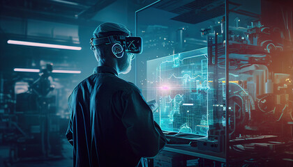 Engeneer working with HUD holigraphic interface in futuristic factory