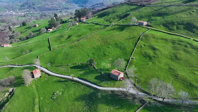 Countryside landscape in winter near Selaya and Las Rozadas. Aerial view from a drone in the Valles Pasiegos in the Autonomous Community of Cantabria, Spain, Europe