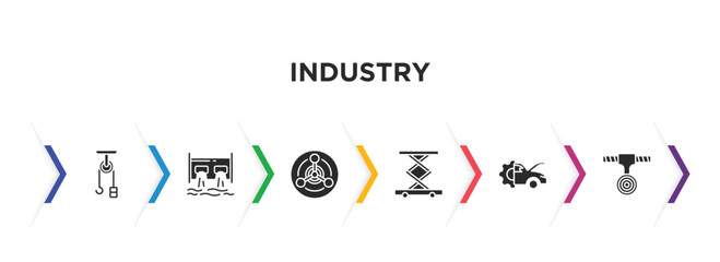 industry filled icons with infographic template. glyph icons such as sheave, hydro power generation, chemical weapon, lift, car mechanic, uncoiler vector.