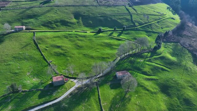 Countryside landscape in winter near Selaya and Las Rozadas. Aerial view from a drone in the Valles Pasiegos in the Autonomous Community of Cantabria, Spain, Europe