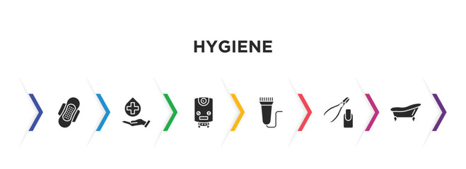 hygiene filled icons with infographic template. glyph icons such as sanitary napkin, sanitary, water heater, electric razor, nail scissors, bathroom vector.
