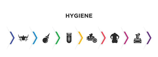 hygiene filled icons with infographic template. glyph icons such as body odour, l aspirator, epilator, baby wipe, body shaming, tissues vector.