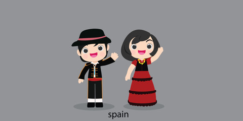 Spanish in national dress with a flag. Man and woman boy in traditional costume. Travel to Spain. People.illustrationa