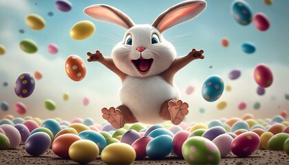 Fototapeta na wymiar Happy Easter bunny with eggs flying everywhere. Generative Ai.