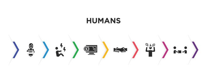 Fototapeta na wymiar humans filled icons with infographic template. glyph icons such as woman cooking, pain, online business, helping, angry man, give over vector.