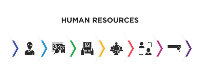human resources filled icons with infographic template. glyph icons such as man, balanced scorecard, job application, work team, change personal, searching vector.