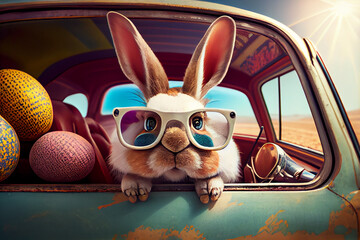 Fototapeta na wymiar Cute Easter Bunny with sunglasses looking out of a car filed with easter eggs, Generative AI