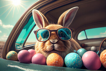 Cute Easter Bunny with sunglasses looking out of a car filed with easter eggs, Generative AI