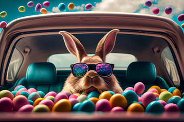 Cute Easter Bunny with sunglasses looking out of a car filed with easter eggs, Generative AI
