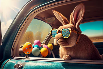 Fotobehang Cute Easter Bunny with sunglasses looking out of a car filed with easter eggs, Generative AI © LS Visuals