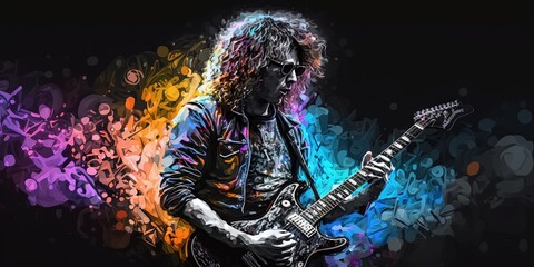 A rock musician performs rock music on stage as a guitarist, Generative AI - obrazy, fototapety, plakaty
