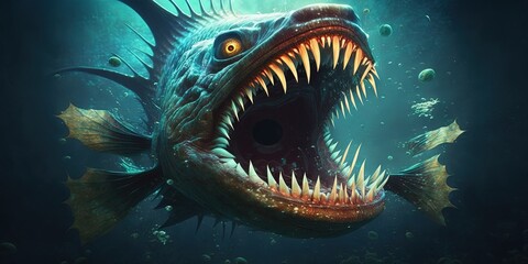 The sea monster opened its mouth, revealing its sharp, fantastical teeth beneath the surface of the water, Generative AI
