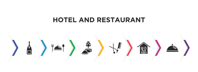 hotel and restaurant filled icons with infographic template. glyph icons such as champagne, meal, reception, barbershop, restaurant, restaurant tray vector.
