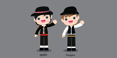 spain republc in national dress with a flag. Man and woman boy in traditional costume. Travel czeech republc. People.illustrationa