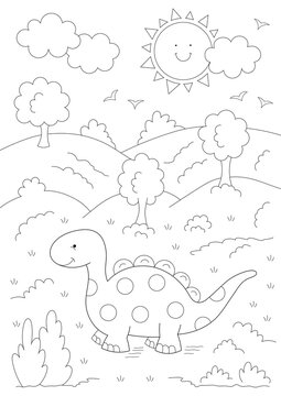 dinosaur, mountains and trees coloring page. you can print it on A4 paper