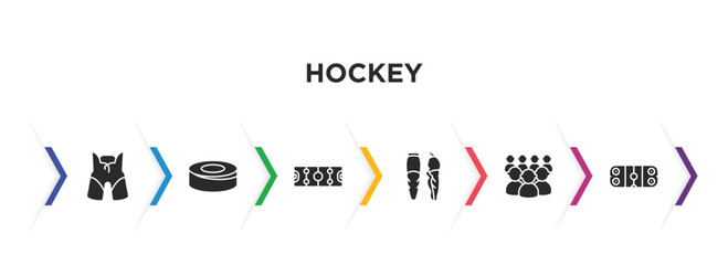 hockey filled icons with infographic template. glyph icons such as pants, puck, hockey pitch, shin, audience, ice court vector.