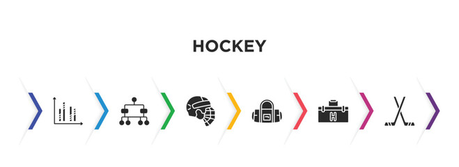 hockey filled icons with infographic template. glyph icons such as graph bar, playoff, hockey helmet, bag, medical kit, hockey stick vector.