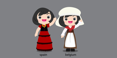 
spain republc in national dress with a flag. woman and  in traditional costume. Travel czeech czeech belgium. People.illustrationa