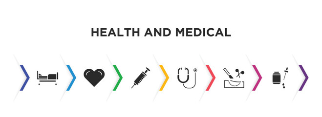 health and medical filled icons with infographic template. glyph icons such as hospital bed, heart, syringe, stethoscope, surgery, serum vector.