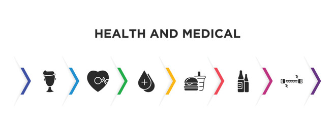 health and medical filled icons with infographic template. glyph icons such as boy, beat, blood drop, fast food, ampoule, tonometer vector.