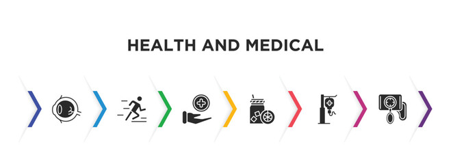 health and medical filled icons with infographic template. glyph icons such as ophthalmology, running, health care, orange juice, saline, blood pressure gauge vector.